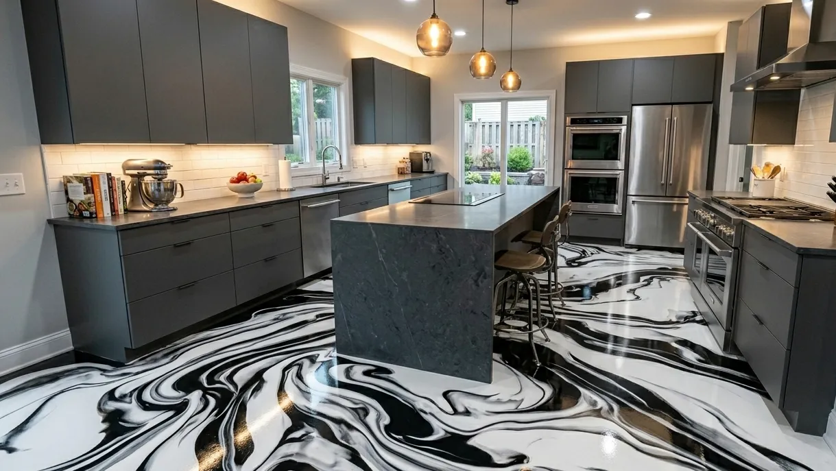 Pearl metallic epoxy living room floor