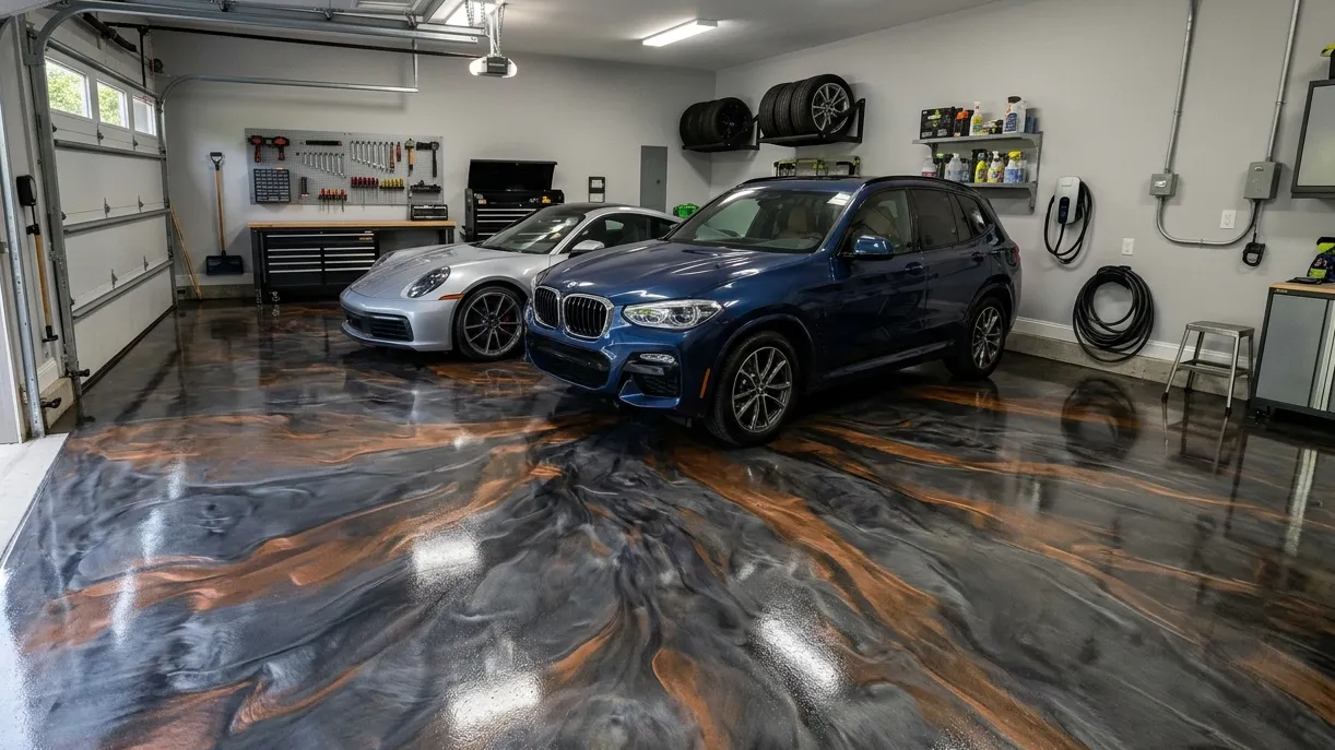 Metallic epoxy floor — stunning swirling design