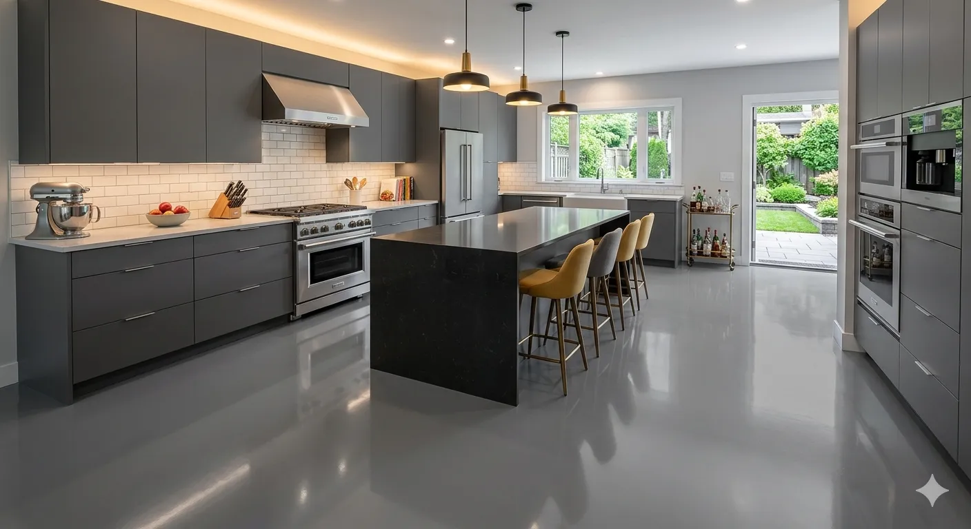 Solid color epoxy kitchen floor